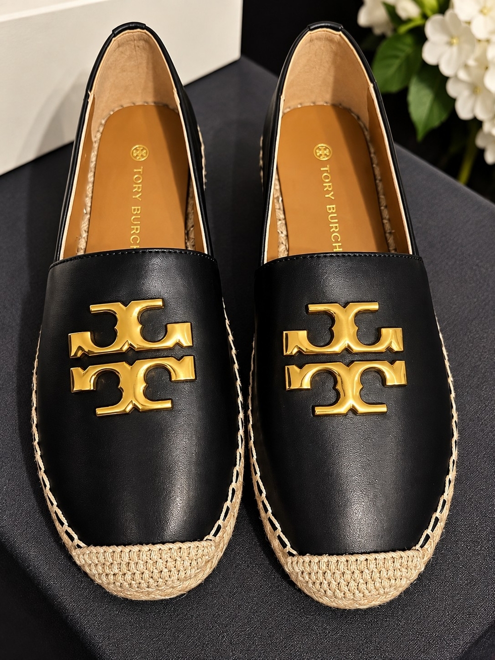 Tory Burch Black Leather Espadrille Loafers with Gold Logo